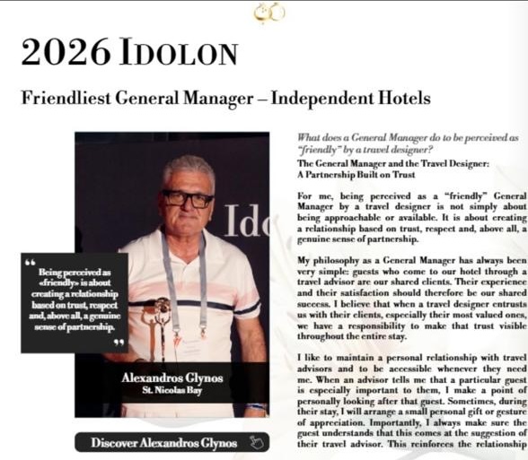 Alexandros Glynos of St. Nicolas Bay Hotel awarded Friendliest Hotel Manager of an Independent Hotel by Serandipians